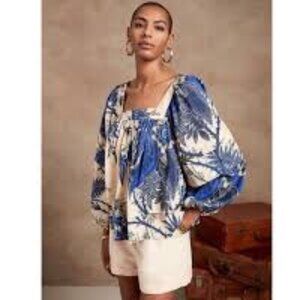 Banana Republic Square Neck Tropical Floral 100% Cotton  Blouse size Large